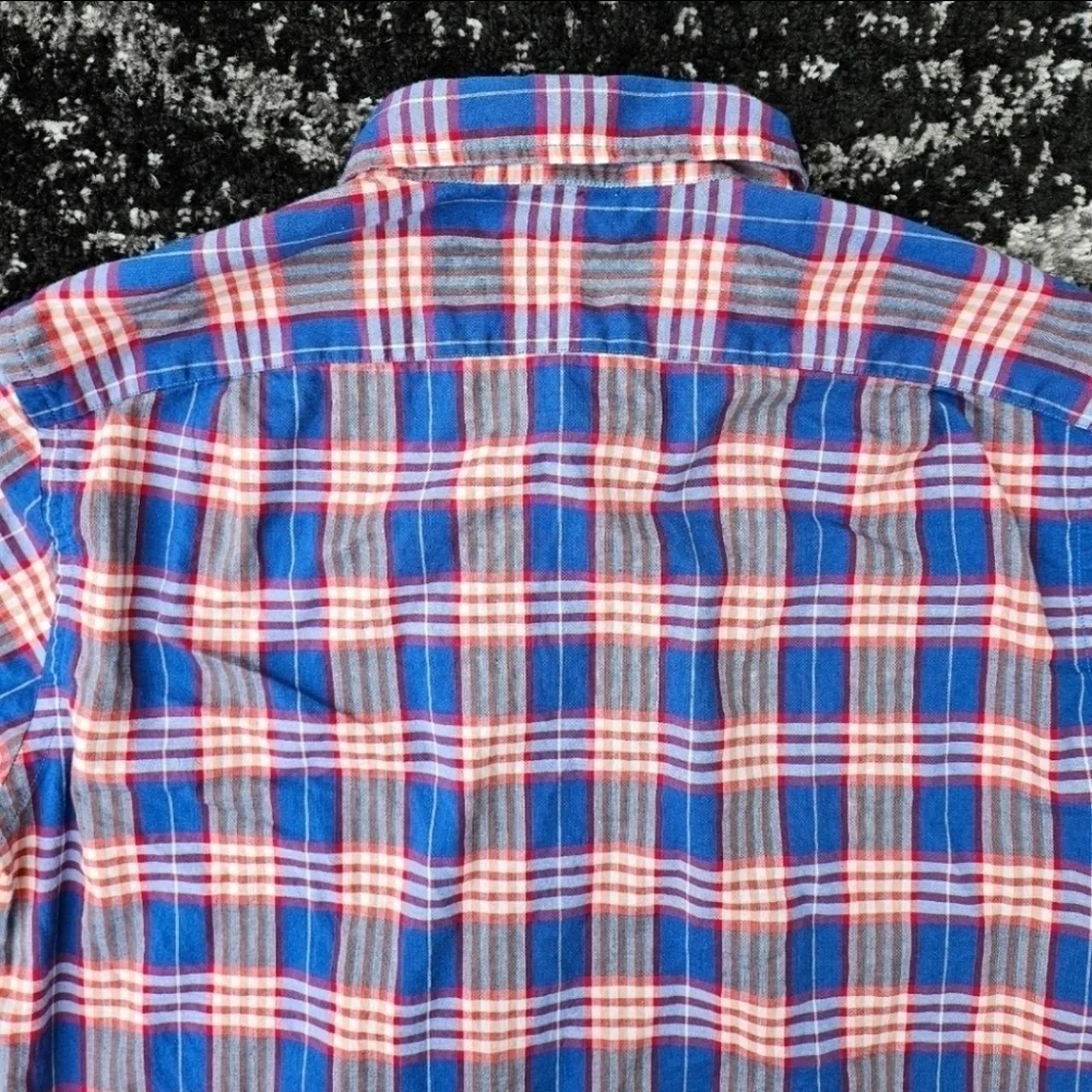J. CREW 100% Cotton Summer Plaid Slim Fit Button Down LS Shirt Red Blue Mens LG